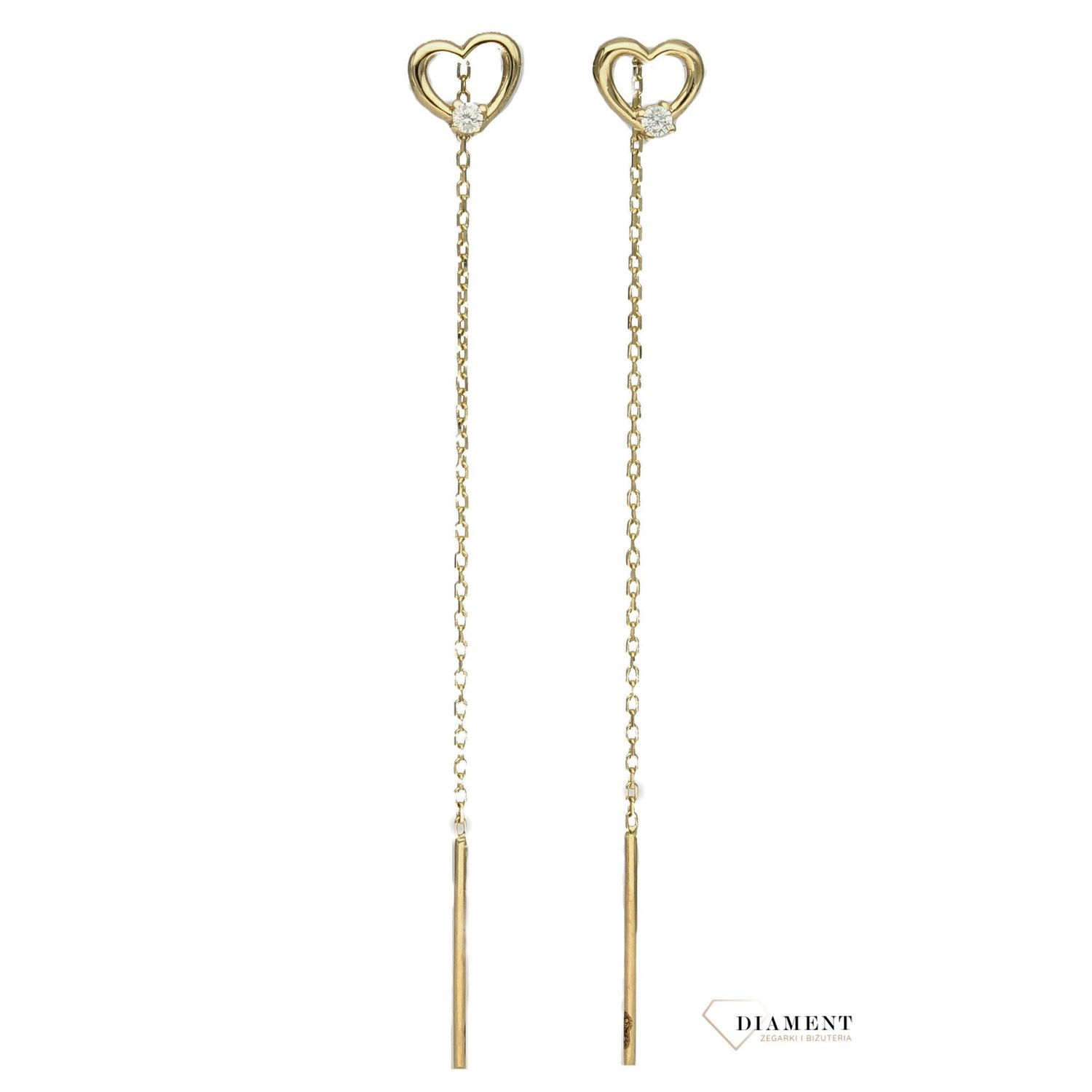 Kolczyki złote przeciągane serduszka z cyrkonią 585.jpg